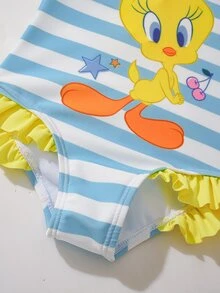 LOONEY TUNES X SHEIN Baby Girl Cute Cartoon Duck Pattern Striped Print One-Piece Swimsuit - Yellow - View 5