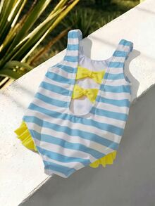 LOONEY TUNES X SHEIN Baby Girl Cute Cartoon Duck Pattern Striped Print One-Piece Swimsuit - Yellow - View 2