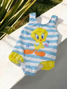 LOONEY TUNES X SHEIN Baby Girl Cute Cartoon Duck Pattern Striped Print One-Piece Swimsuit - Yellow - View 3