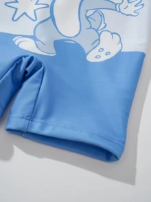 LOONEY TUNES X SHEIN Baby Boy Summer Beach Vacation Casual Cute Cartoon Letter Print Contrast Color Raglan Short Sleeve Romper - Blue - View 6