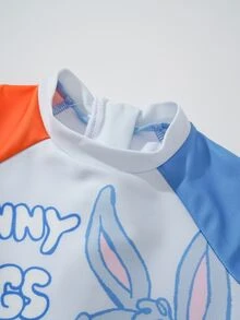 LOONEY TUNES X SHEIN Baby Boy Summer Beach Vacation Casual Cute Cartoon Letter Print Contrast Color Raglan Short Sleeve Romper - Blue - View 4