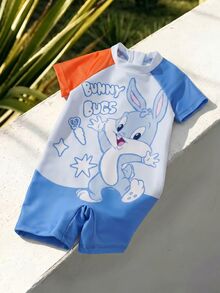 LOONEY TUNES X SHEIN Baby Boy Summer Beach Vacation Casual Cute Cartoon Letter Print Contrast Color Raglan Short Sleeve Romper - Blue - View 3