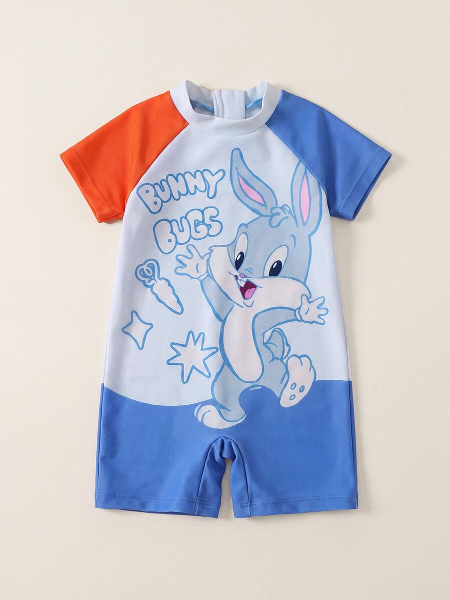 LOONEY TUNES X SHEIN Baby Boy Summer Beach Vacation Casual Cute Cartoon Letter Print Contrast Color Raglan Short Sleeve Romper - Blue - View 1