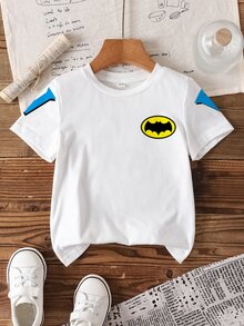 BATMAN X SHEIN 男童休闲卡通图案圆领短袖T恤，夏季 - 白色 - 查看 2