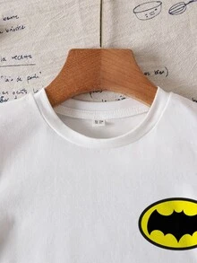BATMAN X SHEIN 男童休闲卡通图案圆领短袖T恤，夏季 - 白色 - 查看 4