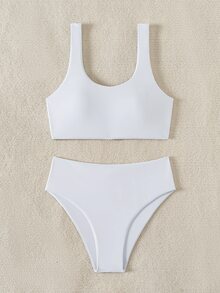 SHEIN Swim Conjunto De Sujetador Unicolor Y Bikini Para Mujeres, Adecuado Para Verano, Playa, Piscina - Blanco - Ver 3