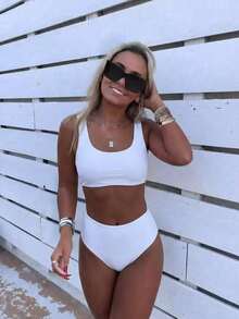SHEIN Swim Conjunto De Sujetador Unicolor Y Bikini Para Mujeres, Adecuado Para Verano, Playa, Piscina - Blanco - Ver 1