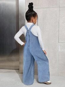 SHEIN Tween女孩口袋設計休閒牛仔寬鬆吊帶褲 秋冬返校穿搭 - 藍色 - 查看 6