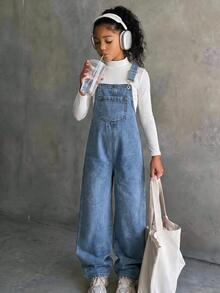SHEIN Tween女孩口袋設計休閒牛仔寬鬆吊帶褲 秋冬返校穿搭 - 藍色 - 查看 1