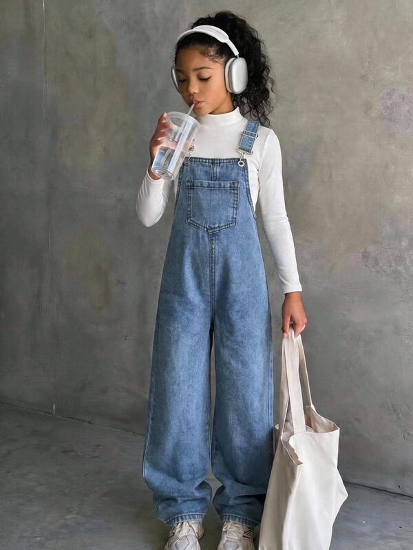 SHEIN Tween Girl Tween Girl Pocket Design Casual Denim Loose Overalls Autumn Winter Back To School