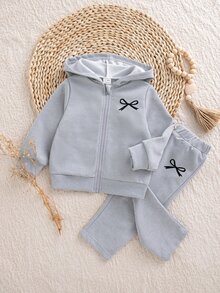 SHEIN Playful Pals 女嬰 2 件套秋季套裝，可愛蝴蝶結圖案印花長袖連帽拉鍊運動衫與運動長褲，休閒風格，適合上學與洗禮場合 - 灰色 - 查看 2