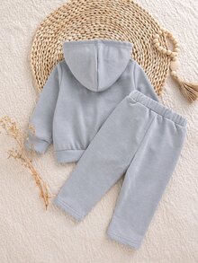 SHEIN Playful Pals 女嬰 2 件套秋季套裝，可愛蝴蝶結圖案印花長袖連帽拉鍊運動衫與運動長褲，休閒風格，適合上學與洗禮場合 - 灰色 - 查看 3