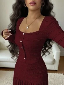 Elenzga 女式粉色纹理面料休闲度假风格长袖方领纽扣上衣和超长 A 字裙两件套，秋季 - 中紫紅色 - 查看 3