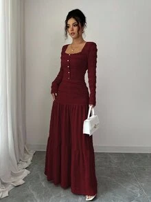 Elenzga 女式粉色纹理面料休闲度假风格长袖方领纽扣上衣和超长 A 字裙两件套，秋季 - 中紫紅色 - 查看 5