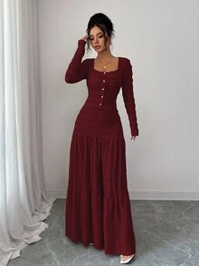 Elenzga 女式粉色纹理面料休闲度假风格长袖方领纽扣上衣和超长 A 字裙两件套，秋季 - 中紫紅色 - 查看 4