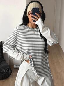 Coolane 女款秋冬街頭風休閒嬉皮學院風圖案寬鬆長袖T恤 - 灰色 - 查看 1