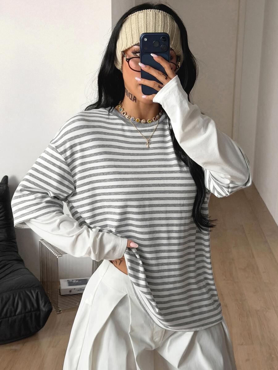 Coolane 女款秋冬街頭風休閒嬉皮學院風圖案寬鬆長袖T恤 - 灰色 - 查看 1