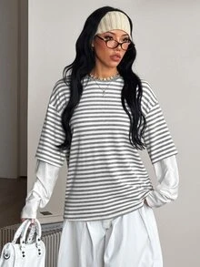 Coolane 女款秋冬街頭風休閒嬉皮學院風圖案寬鬆長袖T恤 - 灰色 - 查看 7