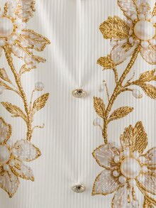 GlowEve CURVE Plus Size Women's Casual Floral Embroidered Faux Pearl And Rhinestone Decorated T-Shirt, Elegant Long Sleeve T-Shirt For Summer, Suitable For Daily Wear And Dating - White - View 4