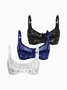 Slumbrini 3pcs Plus Size Printed Fashion Bras For Women, Adjustable Straps, Supportive, Thin Fabric, Underwire, Suitable For Larger Busts - Multicolor - View 2