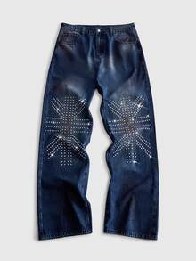 ROMWE MEN Street Life Men's Fashion Rhinestone Decorated Jeans - Blue - View 7