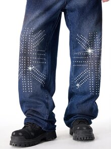ROMWE MEN Street Life Men's Fashion Rhinestone Decorated Jeans - Blue - View 2