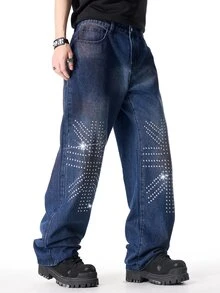 ROMWE MEN Street Life Men's Fashion Rhinestone Decorated Jeans - Blue - View 4