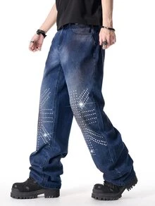 ROMWE MEN Street Life Men's Fashion Rhinestone Decorated Jeans - Blue - View 6