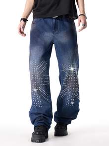 ROMWE MEN Street Life Men's Fashion Rhinestone Decorated Jeans - Blue - View 5