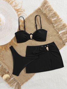 Swim Vcay Elegant Black Spaghetti Strap Bikini Set For Women With Ruched Skirt Bottom - Black - View 2