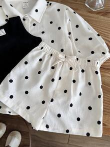 LMoss Kids 3件套女婴波点宽松休闲衬衫+纯色针织背心+波点短裤套装 - 黑與白 - 查看 3