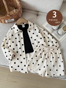 LMoss Kids 3件套女婴波点宽松休闲衬衫+纯色针织背心+波点短裤套装 - 黑與白 - 查看 1