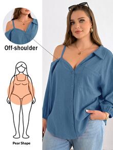 Shapeblank Plus Size Women's Solid Color Asymmetric Collar Long Sleeve Single-Breasted Shirt Fall - Blue - View 8