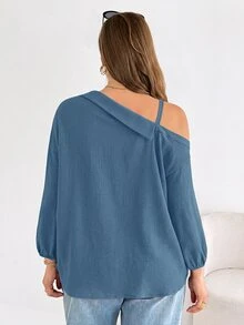 Shapeblank Plus Size Women's Solid Color Asymmetric Collar Long Sleeve Single-Breasted Shirt Fall - Blue - View 3