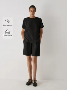 YARNWELL Women's Solid Color Round Neck Casual Versatile Daily Short Sleeve T-Shirt - Black - View 7
