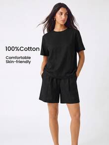 YARNWELL Women's Solid Color Round Neck Casual Versatile Daily Short Sleeve T-Shirt - Black - View 9