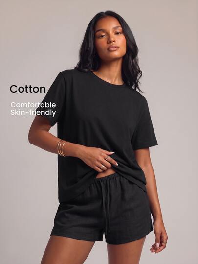 YARNWELL Women's Solid Color Round Neck Casual Versatile Daily Short Sleeve T-Shirt