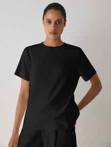 YARNWELL Women's Solid Color Round Neck Casual Versatile Daily Short Sleeve T-Shirt - Black - View 3