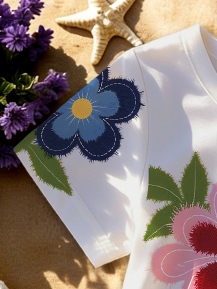 Girls Floral Leaf Print T-Shirt & Bike Shorts Set,Summer Matching Clothes For Family Vacation,Casual Cute Minimalist White Top And Comfortable Shorts - Multicolor - View 4