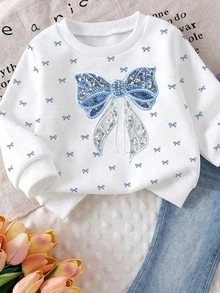 SHEIN 嬰兒與幼兒 2 件套，秋冬新款滿版印花小蝴蝶結圓領套頭衛衣 + 蝴蝶結印花喇叭褲，適合秋冬穿著，校園風 - 彩色 - 查看 3