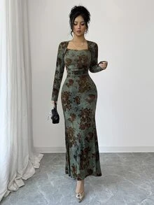 SHEIN Elenzya 女款鼠尾草綠天鵝絨感貼花方領收腰魚尾修身洋裝，優雅花卉秋季約會晚餐派對正式穿搭 - 綠色 - 查看 4