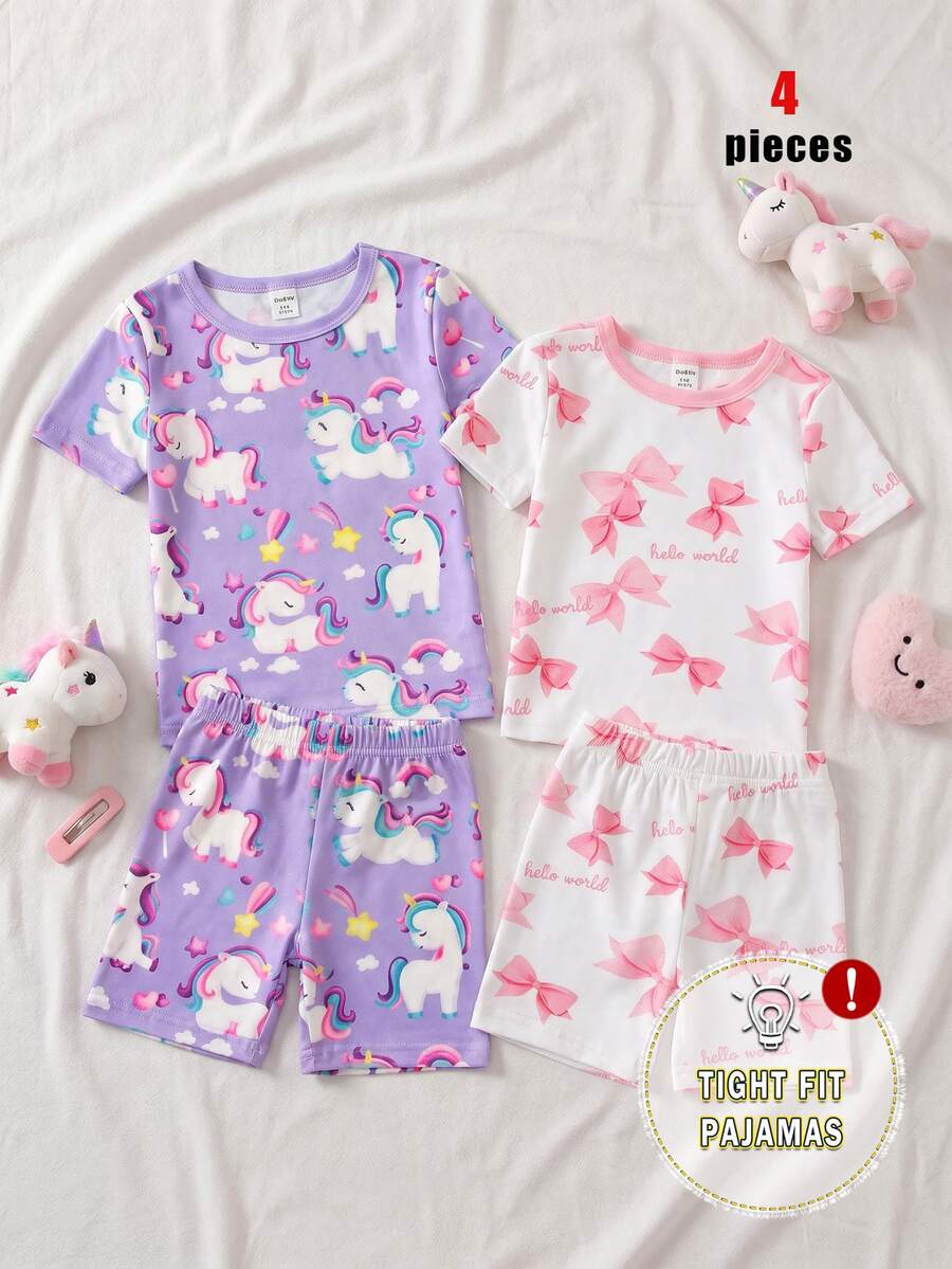 2 Sets Random Baby Girls Toddler Pajamas Set,Summer Cute Holiday Light Blue And White Unicorn Rainbow Cow Print Short Sleeve Shorts Snug Fit Sleepwear - Multicolor - View 1