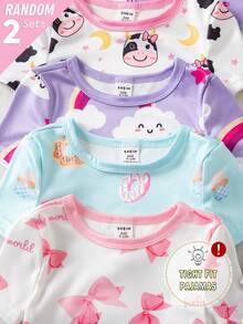 2 Sets Random Baby Girls Toddler Pajamas Set,Summer Cute Holiday Light Blue And White Unicorn Rainbow Cow Print Short Sleeve Shorts Snug Fit Sleepwear - Multicolor - View 4