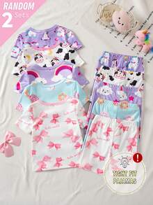 2 Sets Random Baby Girls Toddler Pajamas Set,Summer Cute Holiday Light Blue And White Unicorn Rainbow Cow Print Short Sleeve Shorts Snug Fit Sleepwear - Multicolor - View 2
