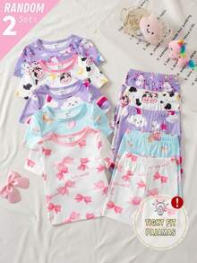 2 Sets Random Baby Girls Toddler Pajamas Set,Summer Cute Holiday Light Blue And White Unicorn Rainbow Cow Print Short Sleeve Shorts Snug Fit Sleepwear - Multicolor - View 3