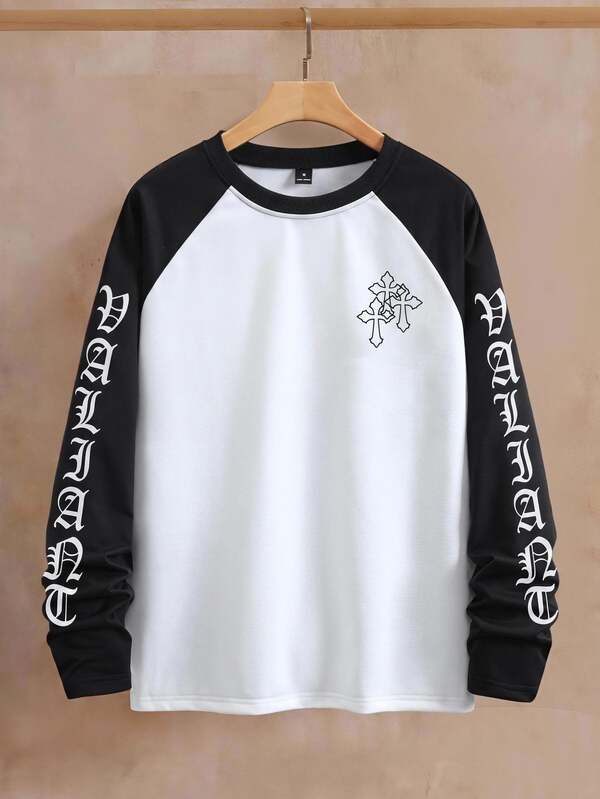 SHEIN Kids Tween Boys Casual Sports Gothic Font Raglan Sleeve Black Long Sleeve T-Shirt, Basic Top, Suitable For Fall/Winter, School, Family Gatherings, FallOutfit, WinterOutfit