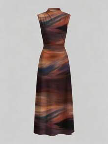 Firerie New Minimalist Elegant Romantic Date Dinner Daily Commute Dark Purple Small Stand Collar Sleeveless Ruched Waist Pleated A-Line Maxi Dress Summer - Brown - View 6