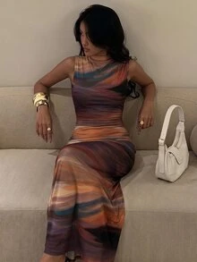 Firerie New Minimalist Elegant Romantic Date Dinner Daily Commute Dark Purple Small Stand Collar Sleeveless Ruched Waist Pleated A-Line Maxi Dress Summer - Brown - View 2