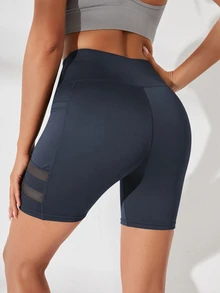 SHEIN Sports 網眼拼接寬腰帶運動短褲，附手機口袋 - 深灰色 - 查看 2