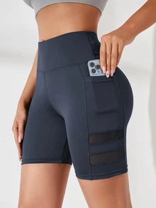 SHEIN Sports 網眼拼接寬腰帶運動短褲，附手機口袋 - 深灰色 - 查看 6